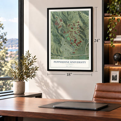 Pepperdine University, California map, 18 x 24 inch print in a black frame in a home office