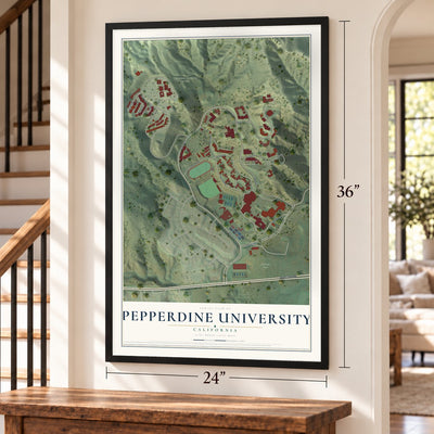 Pepperdine University, California map, 24 x 36 inch print in a black frame by a staircase