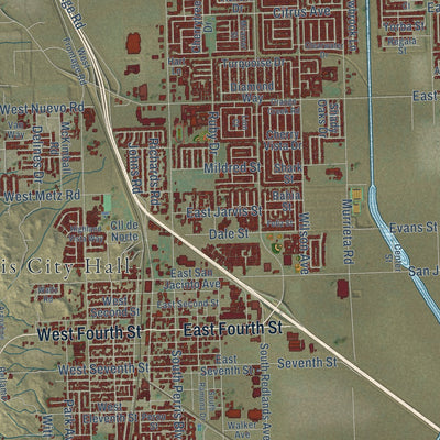 Close-up of the map of Perris, California print showing street and building detail