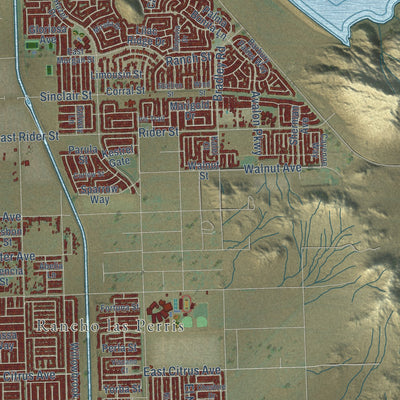Second close-up of the map of Perris, California print showing more streets and buildings