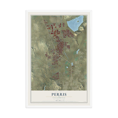 Map of Perris, California, 12 x 18 inch print in a white wood frame