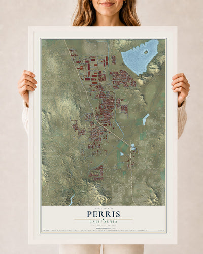 Map of Perris, California, 24 x 36 inch print in a white wood frame
