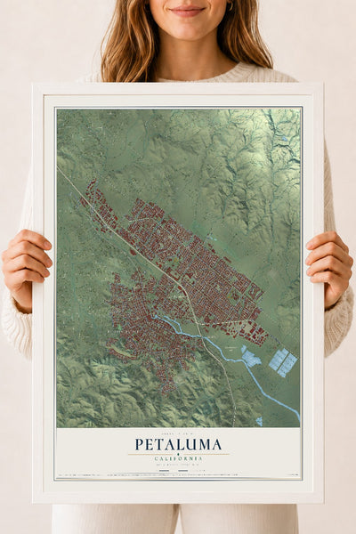 Map of Petaluma, California, 18 x 24 inch print in a white wood frame