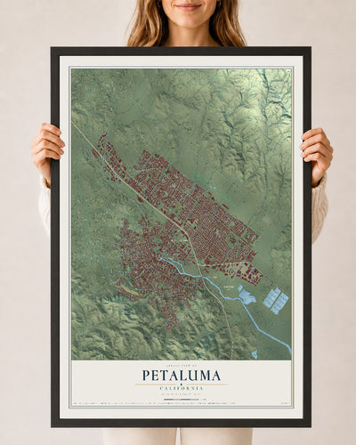 Map of Petaluma, California, 24 x 36 inch print in a black wood frame