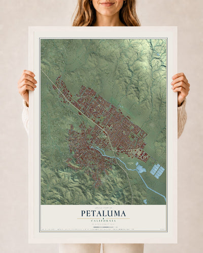 Map of Petaluma, California, 24 x 36 inch print in a white wood frame
