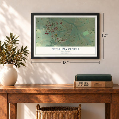 Petaluma Center, California map, 12 x 18 inch print in a black frame in an entryway