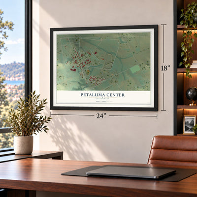 Petaluma Center, California map, 18 x 24 inch print in a black frame in a home office