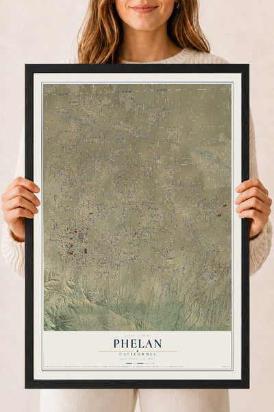 Map of Phelan, California, 18 x 24 inch print in a black wood frame