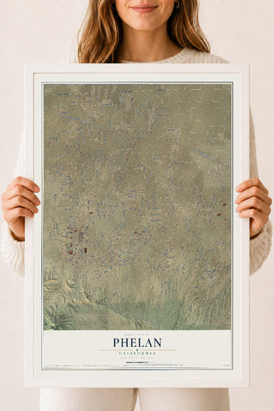 Map of Phelan, California, 18 x 24 inch print in a white wood frame