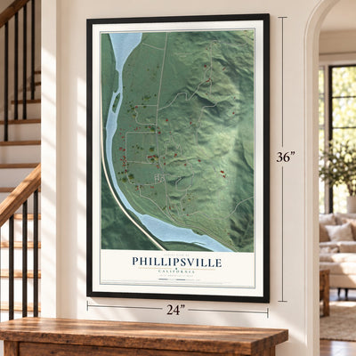 Phillipsville, California map, 24 x 36 inch print in a black frame by a staircase