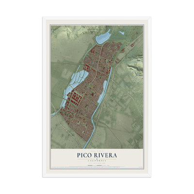 Map of Pico Rivera, California, 12 x 18 inch print in a white wood frame