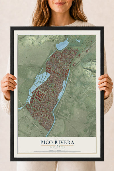 Map of Pico Rivera, California, 18 x 24 inch print in a black wood frame