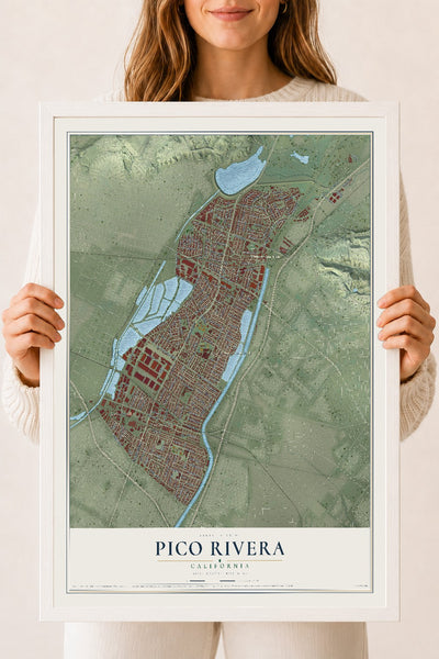 Map of Pico Rivera, California, 18 x 24 inch print in a white wood frame