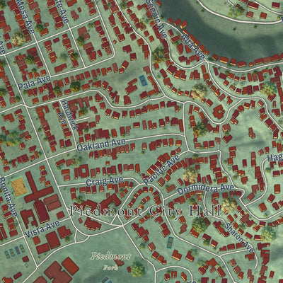 Close-up of the map of Piedmont, California print showing street and building detail