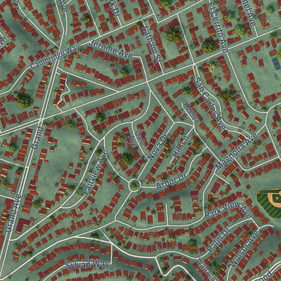 Second close-up of the map of Piedmont, California print showing more streets and buildings
