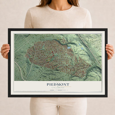 Map of Piedmont, California, 12 x 18 inch print in a black wood frame