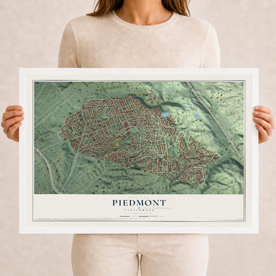 Map of Piedmont, California, 12 x 18 inch print in a white wood frame