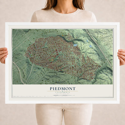 Map of Piedmont, California, 18 x 24 inch print in a white wood frame