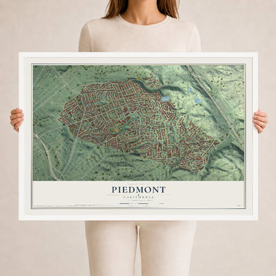 Map of Piedmont, California, 24 x 36 inch print in a white wood frame