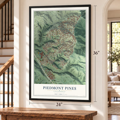 Piedmont Pines, California map, 24 x 36 inch print in a black frame by a staircase