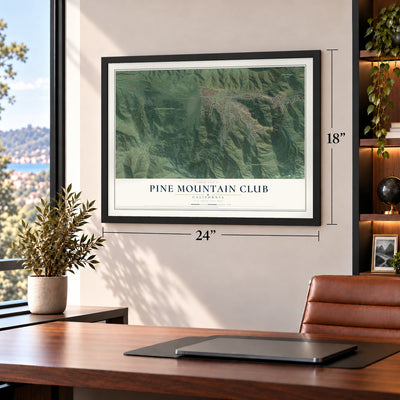 Pine Mountain Club, California map, 18 x 24 inch print in a black frame in a home office