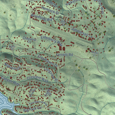 Close-up of the map of Pine Mountain Lake, California print showing street and building detail