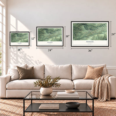 Pioneer, California map in 12 x 18, 18 x 24 and 24 x 36 inch sizes above a sofa