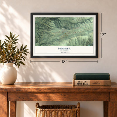 Pioneer, California map, 12 x 18 inch print in a black frame in an entryway