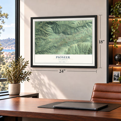 Pioneer, California map, 18 x 24 inch print in a black frame in a home office