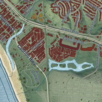 Close-up of the map of Pismo Beach, California print showing street and building detail