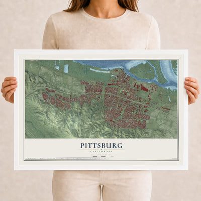 Map of Pittsburg, California, 12 x 18 inch print in a white wood frame