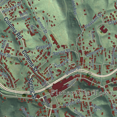 Close-up of the map of Placerville, California print showing street and building detail