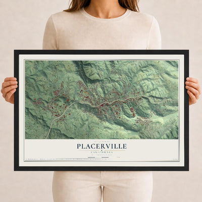 Map of Placerville, California, 12 x 18 inch print in a black wood frame