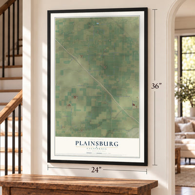 Plainsburg, California map, 24 x 36 inch print in a black frame by a staircase