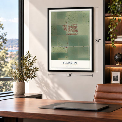 Plainview, California map, 18 x 24 inch print in a black frame in a home office