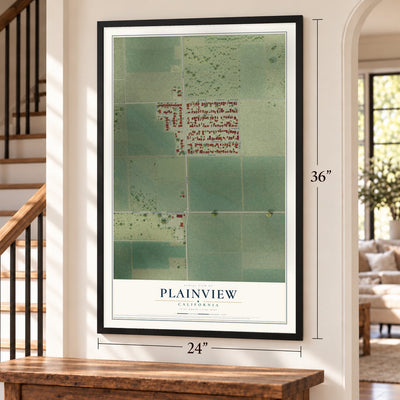 Plainview, California map, 24 x 36 inch print in a black frame by a staircase