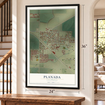 Planada, California map, 24 x 36 inch print in a black frame by a staircase