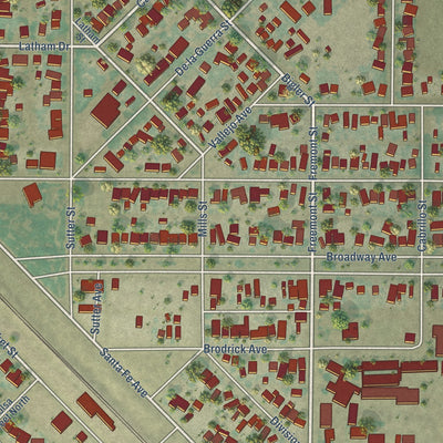Close-up of the map of Planada, California print showing street and building detail