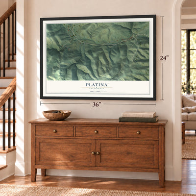 Platina, California map, 24 x 36 inch print in a black frame above a dresser by a staircase