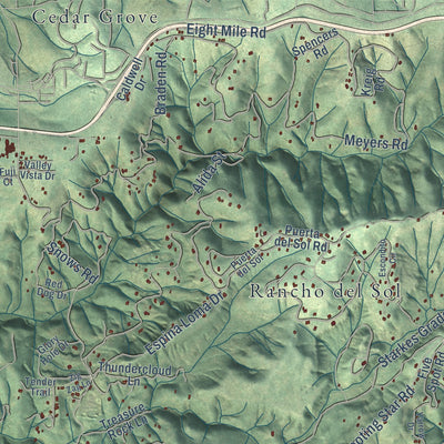 Close-up of the map of Pleasant Valley, California print showing street and building detail