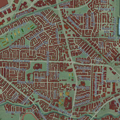 Close-up of the map of Pleasanton, California print showing street and building detail
