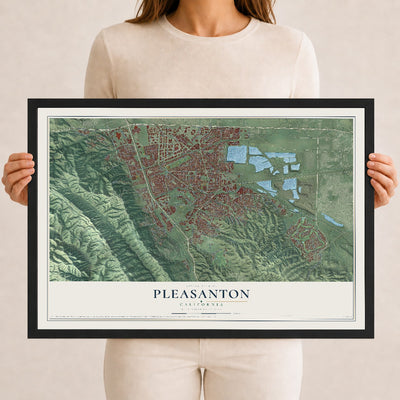 Map of Pleasanton, California, 12 x 18 inch print in a black wood frame