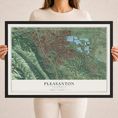 Map of Pleasanton, California, 18 x 24 inch print in a black wood frame