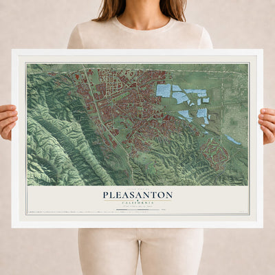Map of Pleasanton, California, 18 x 24 inch print in a white wood frame