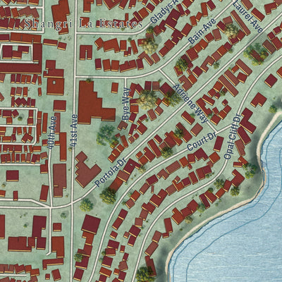 Second close-up of the map of Pleasure Point, California print showing more streets and buildings
