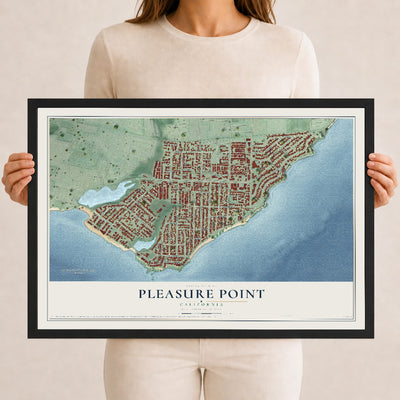 Map of Pleasure Point, California, 12 x 18 inch print in a black wood frame