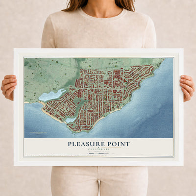 Map of Pleasure Point, California, 12 x 18 inch print in a white wood frame