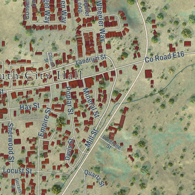 Close-up of the map of Plymouth, California print showing street and building detail