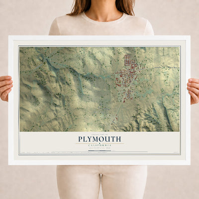 Map of Plymouth, California, 18 x 24 inch print in a white wood frame