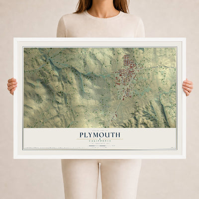 Map of Plymouth, California, 24 x 36 inch print in a white wood frame